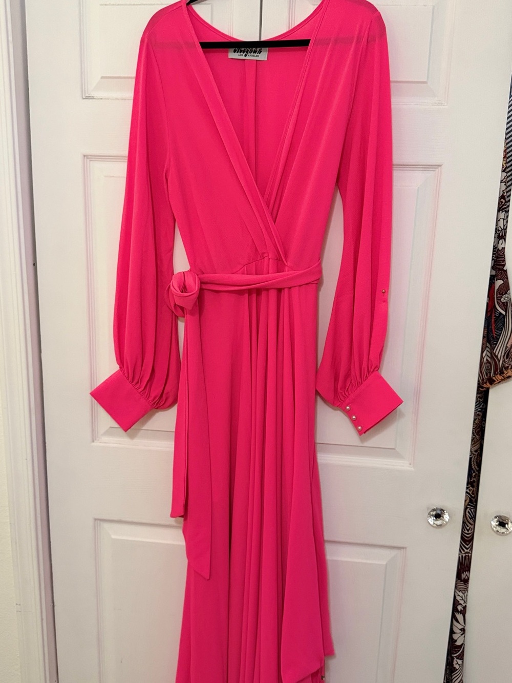 Meghan LA Hot Pink Wrap Maxi Dress with Bishop Sleeves